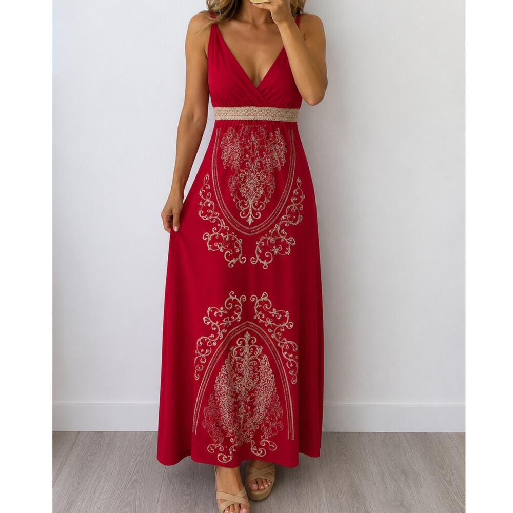 NWT Vintage Y2K Delirious🌿Red Embroidered Maxi Dress Women's Large Boho Stretch